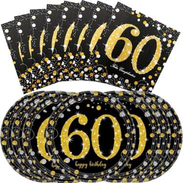 Imagem de 32 peças de suprimentos para uma festa de aniversário de 60 anos, adequado para 16 convidados para comemorar. Utensílios de mesa de aniversário de 60 anos, decoração de mesa, pratos pretos e dourados