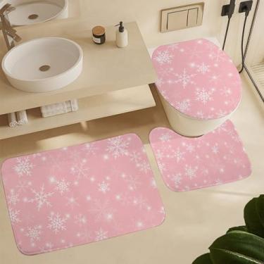 Imagem de Deiubuc Conjunto de tapetes de banheiro decorações de flocos de neve rosa 3 peças rosa decoração de banheiro de Natal absorvente lavável em forma de U conjuntos de tampa de vaso sanitário 40 x 61 cm
