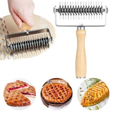 Imagem de Cortador de rolo de massa de torta de biscoito, rolo cortador de pão de pizza com alça, aço inoxidável para crosta arrastão de madeira