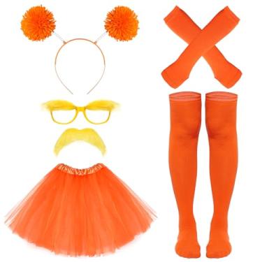 Imagem de Xcgbxzd Acessórios de fantasia laranja com bigode amarelo, sobrancelhas, pompom, faixa de cabeça tutu saia óculos luvas meias para festa de Halloween