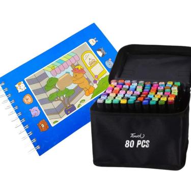 Imagem de Canetinhas 80 Cores Livro De Pintar Ursinho Fofo Colorir 100 Paginas Estojo Canetas Desenho Divertido Hobbie Pintura