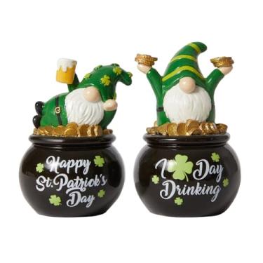 Imagem de WDS WONDROUS Decoração de Dia de São Patrício, estatuetas de gnomo de duende, 2 peças, pote da sorte de resina verde dourada pequena estátua de gnomos de café para decoração do dia de São Patrício