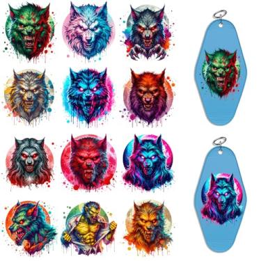 Imagem de Adesivos UV DTF de Halloween - 24 folhas de adesivos de transferência fria de lobisomem de Halloween para chaveiros de motel, envoltórios Uvdtf DIY para chaveiro de hotel em branco, esfregar à prova
