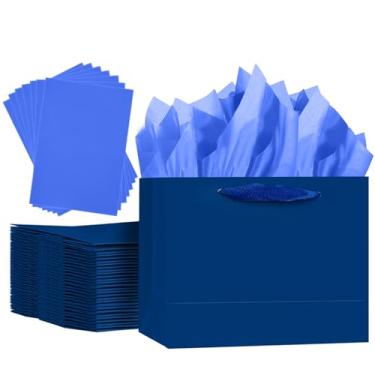 Imagem de qiqee 5 sacos de presente azul nórdico com alças de fita 24,4 x 20 x 11,9 cm sacos de presente de tamanho médio (15 peças de papel de seda incluído, largura média)