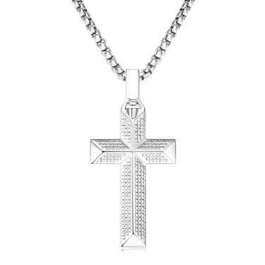 Imagem de Colar com cruz de prata esterlina 925 para homens e mulheres, corrente de aço inoxidável durável, banhado a ouro branco 18K, borda chanfrada, rebites góticos, preto, texturizado, crucifixo de