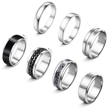 Imagem de sailimue 7 peças de anéis de aço inoxidável para homens e mulheres banhado a ouro 14K conjunto de anéis fidget cool spinner anel de corrente alívio da ansiedade simples masculino noivado promessa