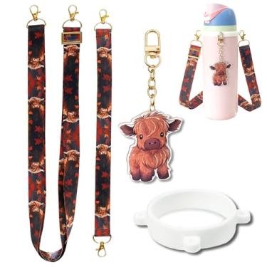 Imagem de Z-synka Conjunto de alça de ombro e alça de alça e berloque para decoração de garrafa de água Owala Acessórios de Berloque (vaca Highland)