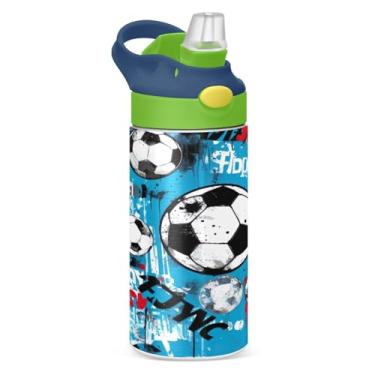 Imagem de Blueangle Garrafa de água de futebol azul de aço inoxidável isolada de 350 ml com tampa de canudo - Garrafa esportiva reutilizável à prova de vazamento para viagens, ao ar livre (467)