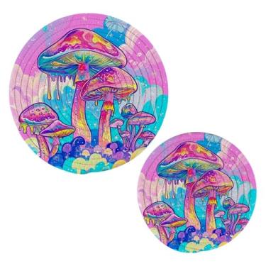 Imagem de Blueangle 2 peças de suporte de panela de trivet de cogumelos coloridos bonitos - conjunto de pegadores de panela de tecido redondo - almofadas quentes trançadas de algodão - porta-copos - tapetes de