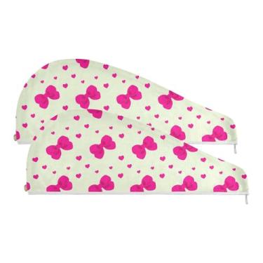 Imagem de SEHANY Linda toalha de cabelo de microfibra com laço rosa para mulheres, 2 peças, turbantes de cabelo de secagem rápida com botão, touca de cabelo seco absorvente toalha de secagem de cabelo para