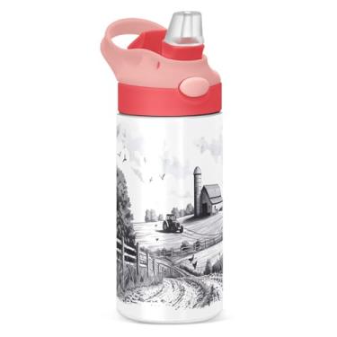 Imagem de xigua Garrafa de água infantil Farm with Barn com canudo – Copo de aço inoxidável à prova de vazamento de 340 g para esportes, creche