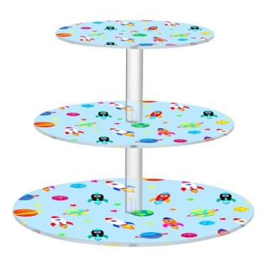 Imagem de CEBUGI Suporte de cupcake de 3 camadas com foguetes coloridos, suporte redondo para bolo, torre, bandeja de servir em camadas de acrílico para chá, chá de bebê, casamento e mais