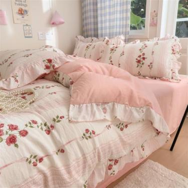 Imagem de Conjunto de capa de edredom de renda com 4 peças (1 capa de edredom + 1 lençol plano + 2 fronhas, sem núcleo), conjunto de cama com estampa de flores frescas, tule de duas camadas, renda de quatro