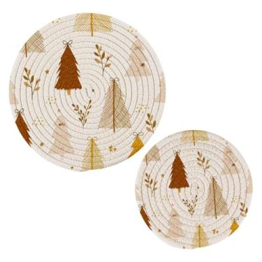 Imagem de Wassud Conjunto de trivet de árvore de Natal marrom para pratos quentes, suportes redondos de algodão, almofadas quentes, porta-copos elegantes, decoração de cozinha e acessórios, 2 peças