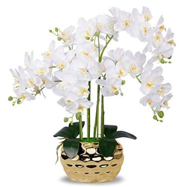 Imagem de Planta de orquídea branca realista em vaso de cerâmica dourada - Flor de seda falsa Phalaenopsis para decoração de mesa no quarto, banheiro ou sala de estar