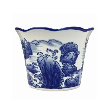 Imagem de uhyOHF Bonsai Vaso de flores com mão azul e branco Porcelana Vasos de Cerâmica Bandeja para Bonsai Erva Alta Qualidade Piso Interior Vaso de Plantas Grande Vaso de Suculentas/20 cm (