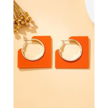 Imagem de Um par de brincos de argola femininos, brincos de argola quadrados geométricos, adequados para uso diário e férias, laranja
