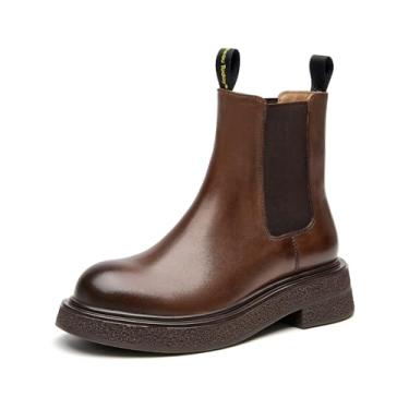Imagem de BEAU TODAY Chelsea Botas femininas Chelsea de couro plataforma grossa botas femininas cano curto bico redondo vestido de inverno botas modernas, Couro de bezerro café, 38