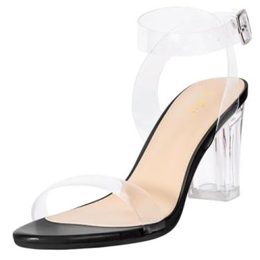 Imagem de ZriEy Sandálias femininas de salto médio, bico aberto, com duas tiras, sem cadarço, para festas, casamentos, encontros, sapatos, Preto, transparente, 7.5