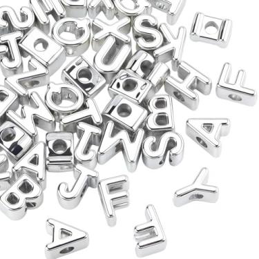 Imagem de SOFPLATE 50 peças de contas em forma de letra prata alfabeto contas acrílicas a granel estilos aleatórios plástico opaco liso brilhante letras espaçadores para fazer joias, chaveiro, artesanato