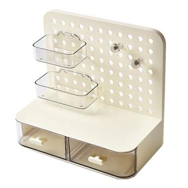 Imagem de QANYEGN Organizador de mesa Pegboard, rack de armazenamento de plástico multifuncional, organizador de mesa Pegboard com gavetas para escritório, sala de estudo, dormitório (Amarelo Creme)