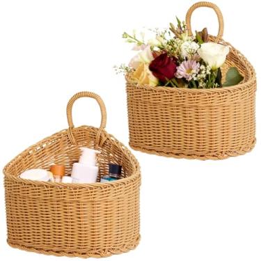 Imagem de 2 cestas de plástico estilo vime penduradas para parede, cestas de tecido pequenas com alça, cestas decorativas para cozinha, banheiro, 27 x 24 x 15,5 cm