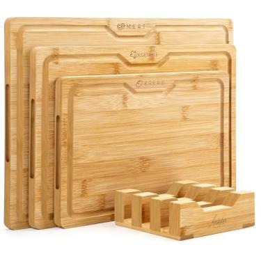 Imagem de Conjunto de 3 peças de tábua de corte de bambu (40,6 × 25,5/30,5 x 20 cm) com ranhuras profundas para suco, suporte e aderência – Tábuas de corte de madeira dupla face para carne, legumes e pão