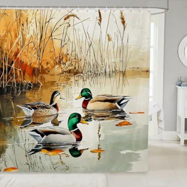 Imagem de jejeloiu Cortina de chuveiro Pato Mallard para decoração de banheiro, cortina de banho de caça de pato para barracas, banheiras, animais selvagens, acessórios de banheiro, cabine rústica, impermeável