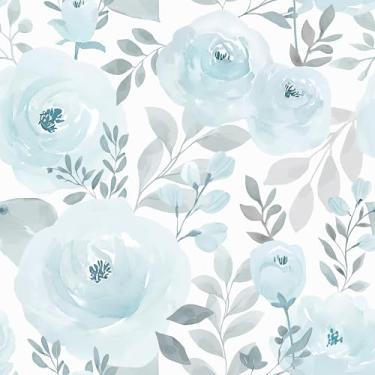 Imagem de VEELIKE Papel de parede peônia azul pastel descasque e cole papel de parede floral de jardim 48 cm x 900 cm papel de contato autoadesivo removível floral botânico mural de papel de parede para quarto