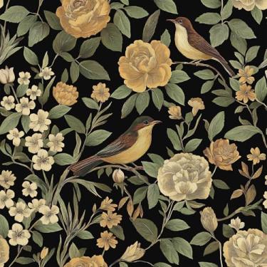 Imagem de VEELIKE Papel de parede vintage Chinoiserie Peel and Stick com pássaros, papel de parede floral dourado escuro e temperamental para paredes de destaque, quarto, 40 x 900 cm, papel de parede de pássaro