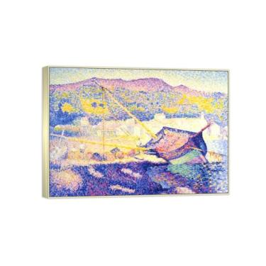 Imagem de BMZFYBS Impressão em tela de paisagem pronta para pendurar - pintura de arte de parede famosa - barco azul - decoração de casa moderna imagem moldura prata 70 x 100 cm 27 x 39 pol