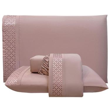 Imagem de Jogo De Lençol Casal Quadratto Bordado 300 Fios Micropercal Toque De Algodão 4 Peças - Rose - 100% Poliéster