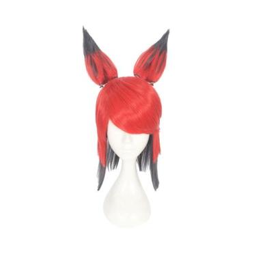 Imagem de Peruca de cosplay Hazbins Hotels Alastor sintética preta vermelha 35cm