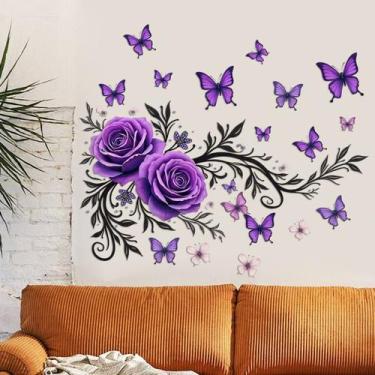 Imagem de Adesivos de parede Purple Rose Butterfly Floral PVC 33x47cm - yiweisai