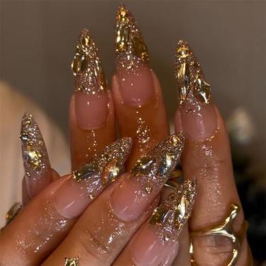 Imagem de Unhas Postiças SINHOT Stiletto Longo com Strass Dourados - 24 peças