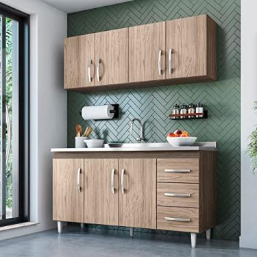 Imagem de Kit Balcão Isabel com Pia e Armário Aéreo 4 Portas 160cm Castanho/Avelã - Amarena Móveis