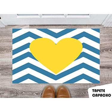 Imagem de Tapete Capacho Personalizado Coração Amarelo, Fundo Azul e Branco
