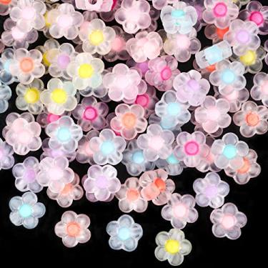 Imagem de QXUJI 100 peças de contas de flores acrílicas, espaçador de cores doces, contas soltas de 13 mm, pequenas contas charmosas transparentes, para artesanato de joias faça você mesmo suprimentos de pulseira de colar