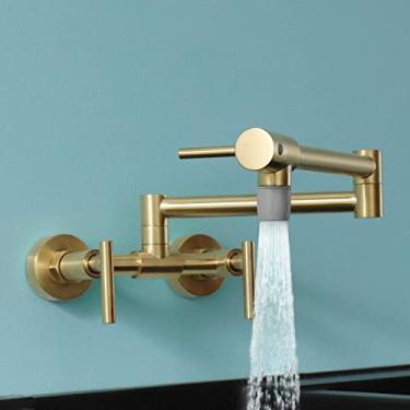 Imagem de Torneira Misturador de cozinha montado na parede latão maciço bico giratório água quente e fria com alça dupla,E