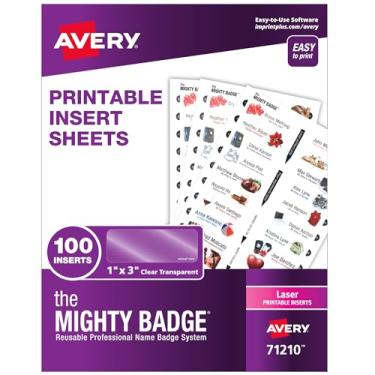 Imagem de The Mighty Badge da AVERY inserções de 2,54 cm x 7,62 cm para etiquetas de nome, 100 inserções transparentes apenas para impressoras a laser (71210)