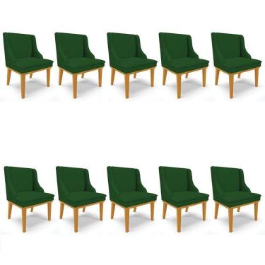 Imagem de Kit 10 Cadeiras Estofadas Para Sala De Jantar Base Fixa De Madeira Castanho Lia Veludo Verde