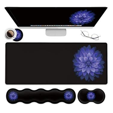 Imagem de Conjunto de mouse pad ergonômico, tapete de mesa (80 × 28 cm) + suporte de descanso de pulso para teclado + descanso de pulso para mouse + porta-copos para escritório, casa, computador, laptop - flores roxas bonitas pretas para jogos grandes GG