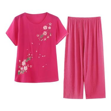 Imagem de Roupas de verão femininas de algodão e linho, conjunto de 2 peças, manga curta, estampa floral, calças de treino, Rosa choque, GG