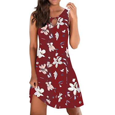 Imagem de Vestidos de praia para mulheres 2024 férias boho vestido floral decote em V vestido de verão macio sem mangas vestido midi regata, Vinho C, M