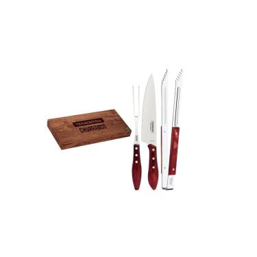 Imagem de Jogo Trinchante Churrasco Lâminas em Aço Inox e Cabos de Madeira Tratada Polywood Vermelho 03 PC - Tramontina
