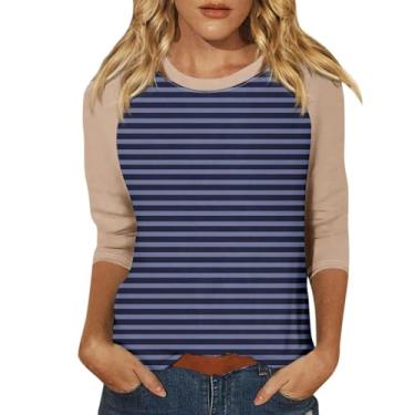 Imagem de Camisetas femininas listradas, colorblock, gola redonda, manga 3/4, caimento solto, confortável, blusas casuais para treino, Caqui, GG