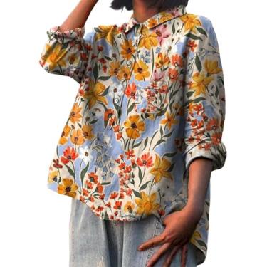 Imagem de Blusa feminina de linho de manga comprida com gola de lapela e botão e estampa floral fofa com bolso, X5-amarelo, G