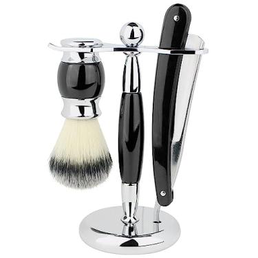 Imagem de Union Razor Kit de barbear preto de três peças com barbeador, escova e suporte com cabos de madeira, SS5