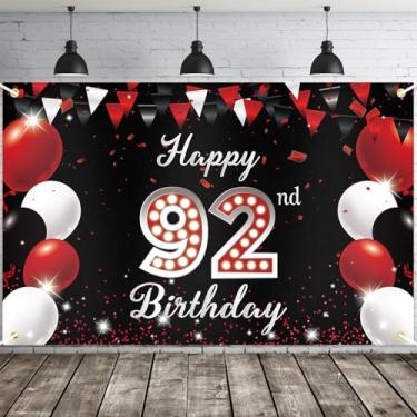 Imagem de JOYKY Banner de feliz aniversário de 92 anos, decoração de festa de aniversário de 92 anos vermelho preto feliz para homens e mulheres, decoração de pano de fundo, 15 x 9 pés