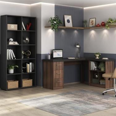 Imagem de Kit 2 Peças com Escrivaninha em L com Nichos e 3 Gavetas e Estante Clean com 10 Nichos Ipê/Preto